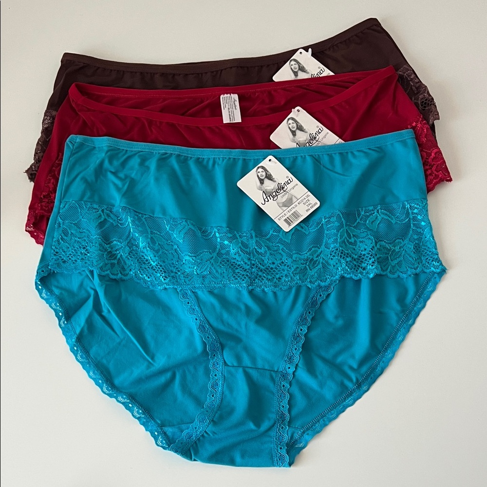 3 X Angelina Women's Lace Trim Panties - Blue, Red, Brown #G3214